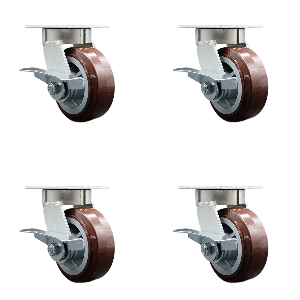 SCC-KP30S520-PPUB-SLB-4 Heavy Duty Kingpinless Swivel Caster with 5 in. Polyurethane Wheels & Ball Bearings - 3000 lbs Total Capacity - Set of 4