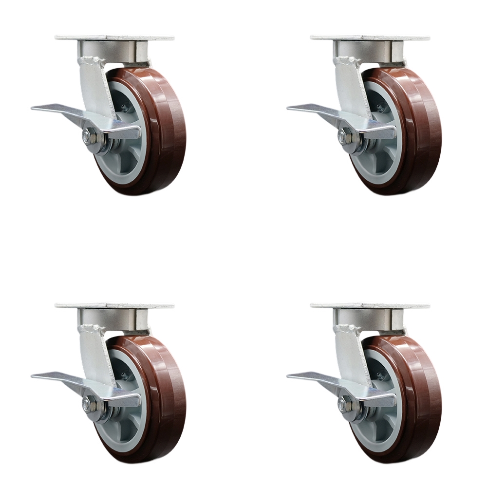 SCC-KP30S620-PPUB-SLB-4 Heavy Duty Kingpinless Swivel Caster with 6 in. Polyurethane Wheels & Ball Bearings - 3600 lbs Total Capacity - Set of 4