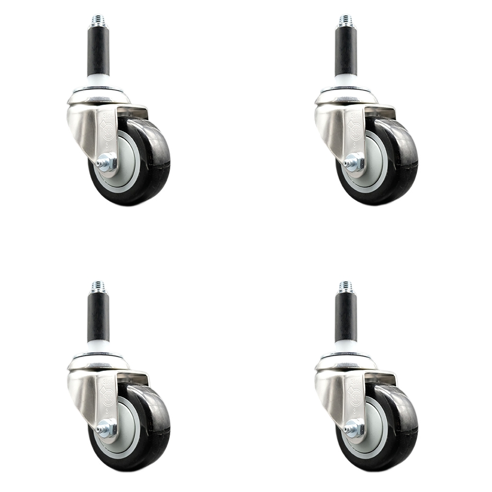 Polyurethane Swivel Stem Caster with 3.5 in. Black Caster Wheels, 0.87 in. Expanding Stems - 316 Stainless Steel Casters - Set of 4