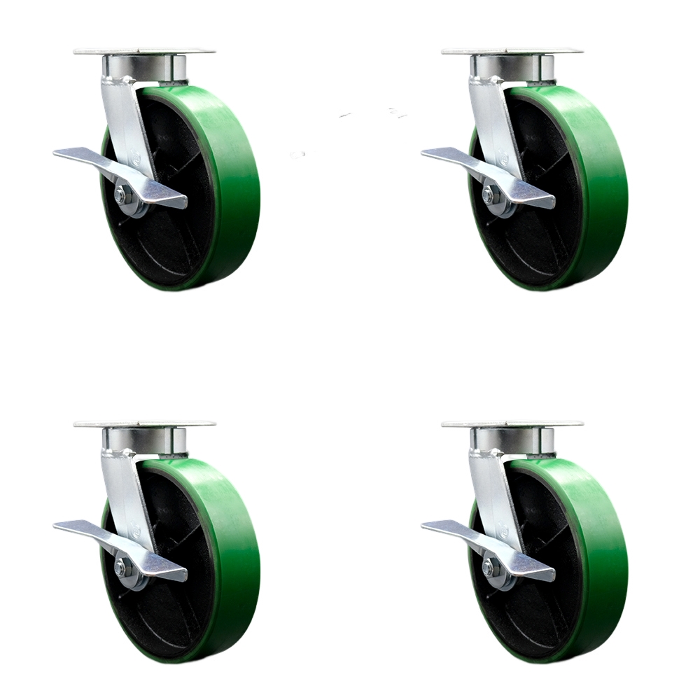 Heavy Duty Kingpinless Swivel Caster with 8 in. Green Polyurethane on Cast Iron Wheels & Ball Bearings - Set of 4