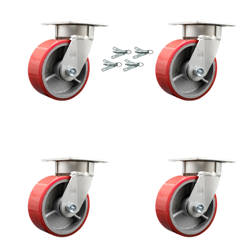Heavy Duty Kingpinless Swivel Caster with 5 in. Red Poly on Cast Iron Wheels & Ball Bearings - 4000 lbs Total Capacity - Set of 4