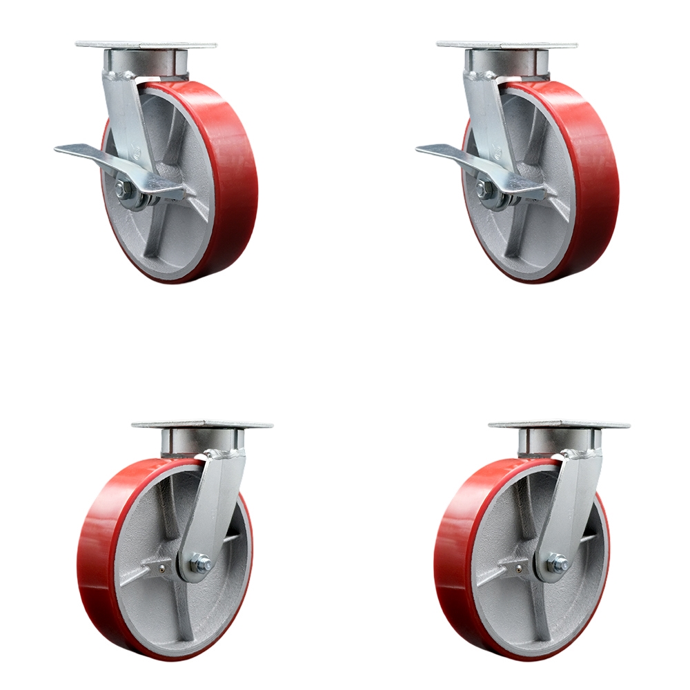 SCC-KP30S820-PUB-RS-SLB-BSL-2-BSL-2 Heavy Duty Kingpinless Swivel Caster Set with 8 in. Red Poly on Cast Iron Wheels & Ball Bearings