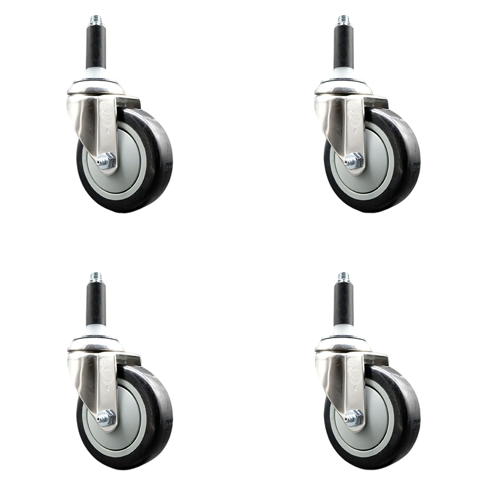 Polyurethane Swivel Stem Caster with 4 in. Black Caster Wheels, 0.87 in. Expanding Stems - 316 Stainless Steel Casters - Set of 4