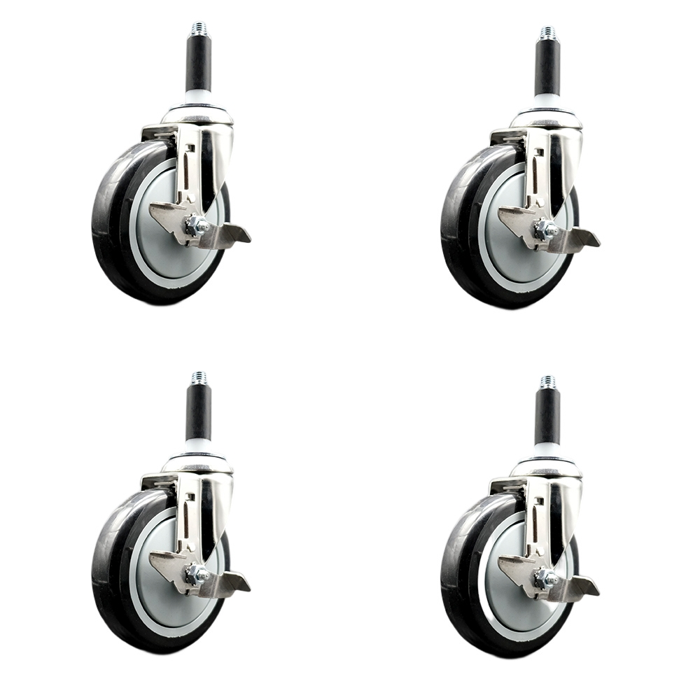 Polyurethane Swivel Stem Caster with 5 in. Black Caster Wheels, 0.87 in. Expanding Stems - 316 Stainless Steel Casters - Set of 4