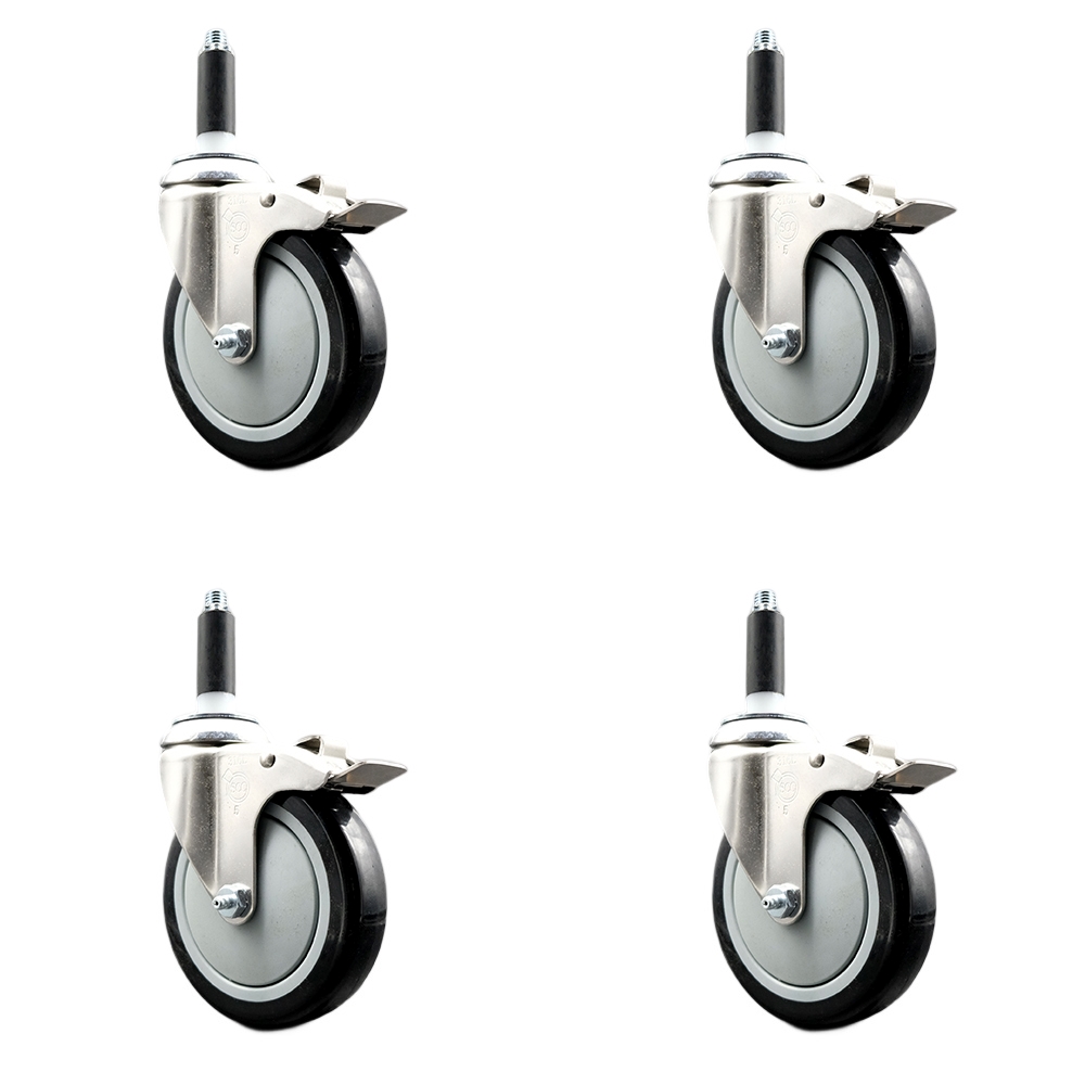 Polyurethane Swivel Stem Caster with 5 in. Black Caster Wheels, 0.87 in. Expanding Stems - 316 Stainless Steel Casters - Set of 4