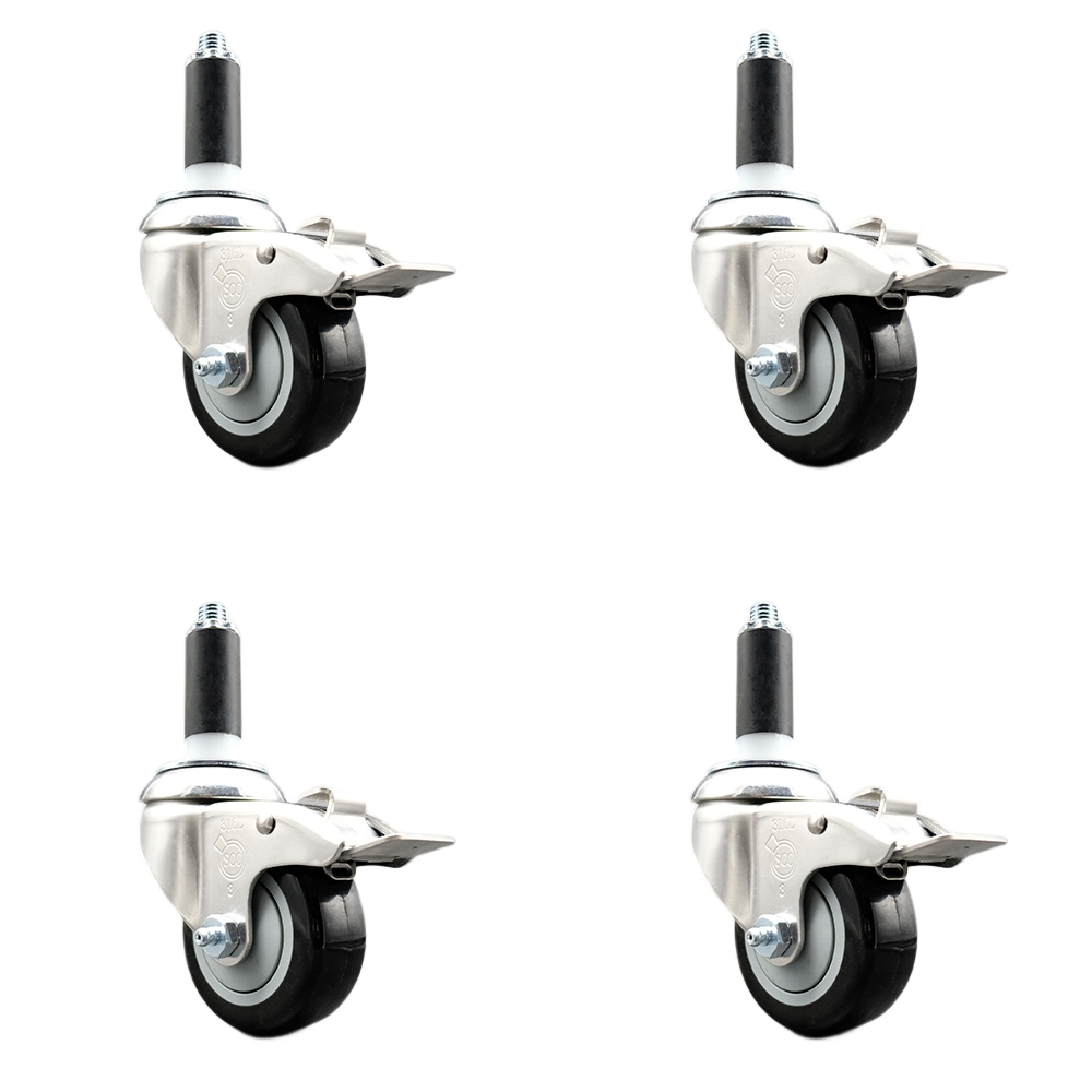 Polyurethane Swivel Stem Caster with 3 in. Black Caster Wheels, 1 in. Expanding Stems - 316 Stainless Steel Casters - Set of 4