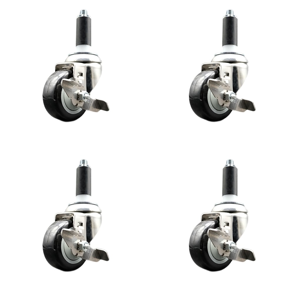 Polyurethane Swivel Stem Caster with 3.5 in. Black Caster Wheels, 1 in. Expanding Stems - 316 Stainless Steel Casters - Set of 4
