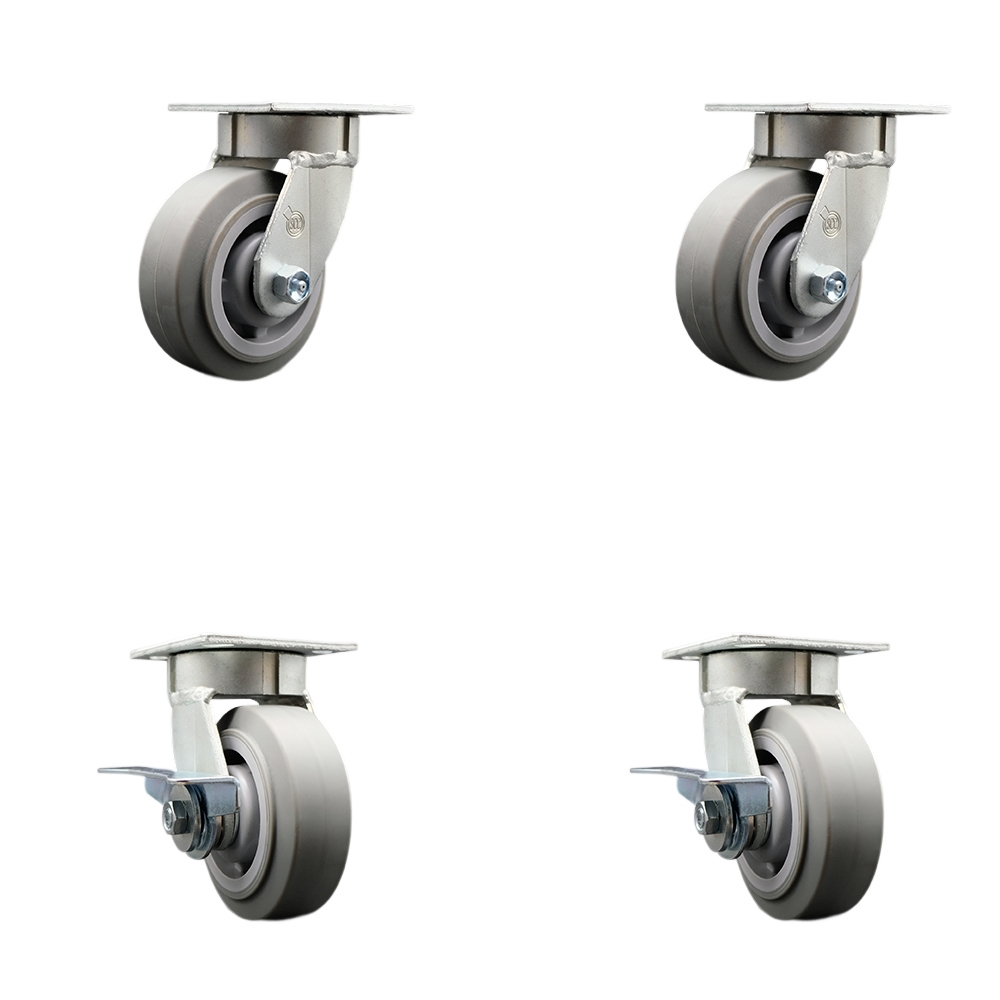 Heavy Duty Kingpinless Swivel Caster with 5 in. Thermoplastic Rubber Flat Tread Wheels & Ball Bearings - 1400 lbs Total Capacity - Set of 4