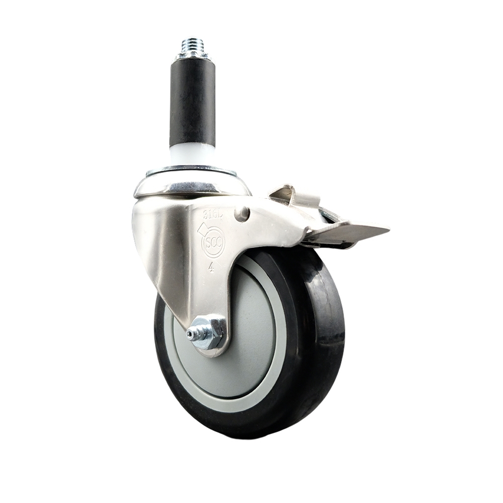 Polyurethane Swivel Stem Caster with 4 in. Black Caster Wheels & Total Lock Brake, 1 in. Expanding Stem - 316 Stainless Steel Caster