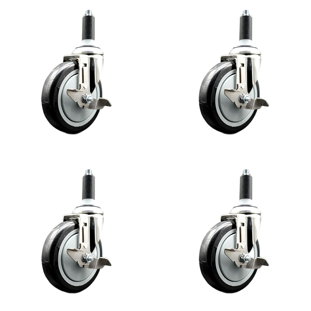 Polyurethane Swivel Stem Caster with 5 in. Black Caster Wheels, 1 in. Expanding Stems - 316 Stainless Steel Casters - Set of 4