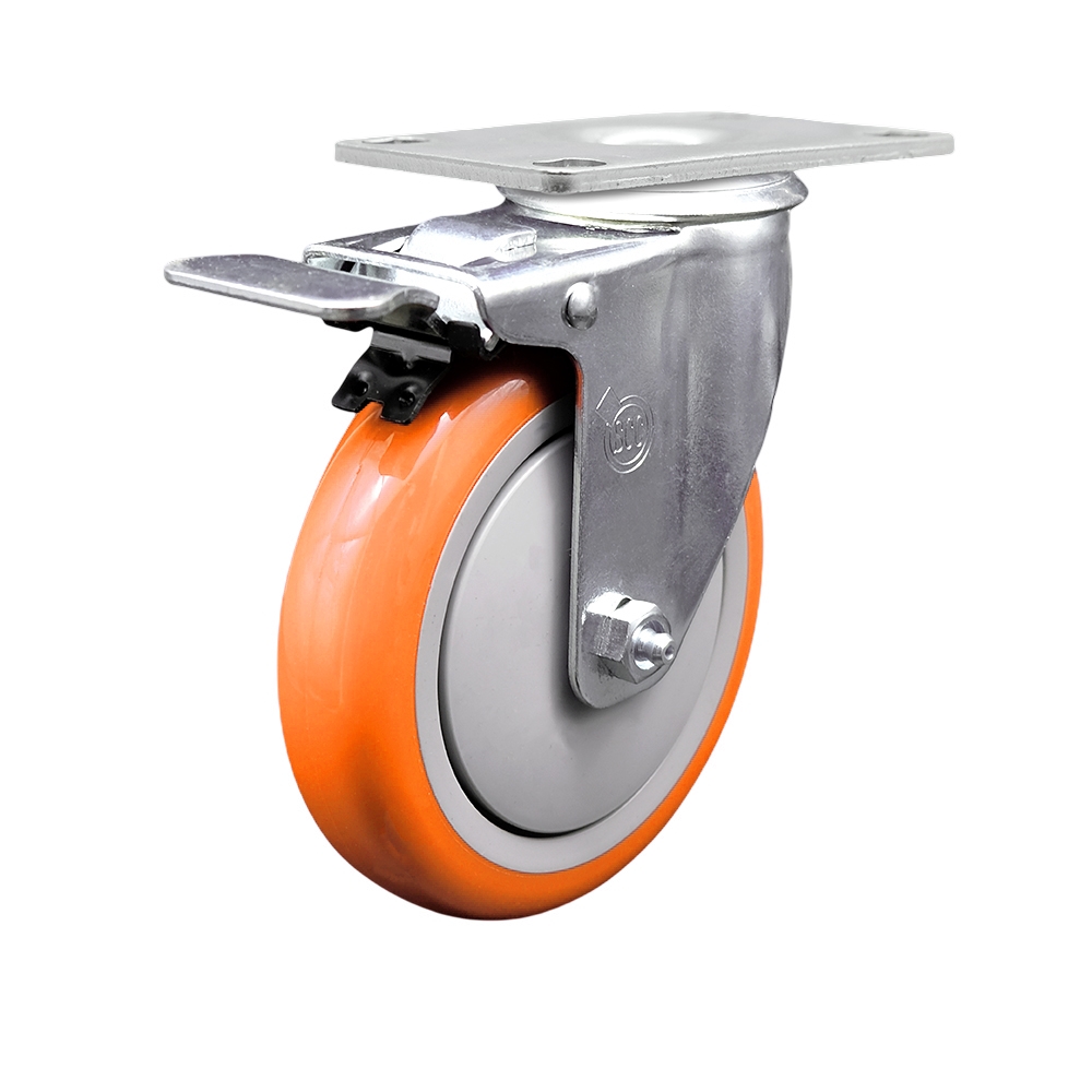 Replacement Caster for Grainger Caster 2G033 - Swivel Top Plate Caster with 5 in. Orange Polyurethane Wheel & Total Locking Brake