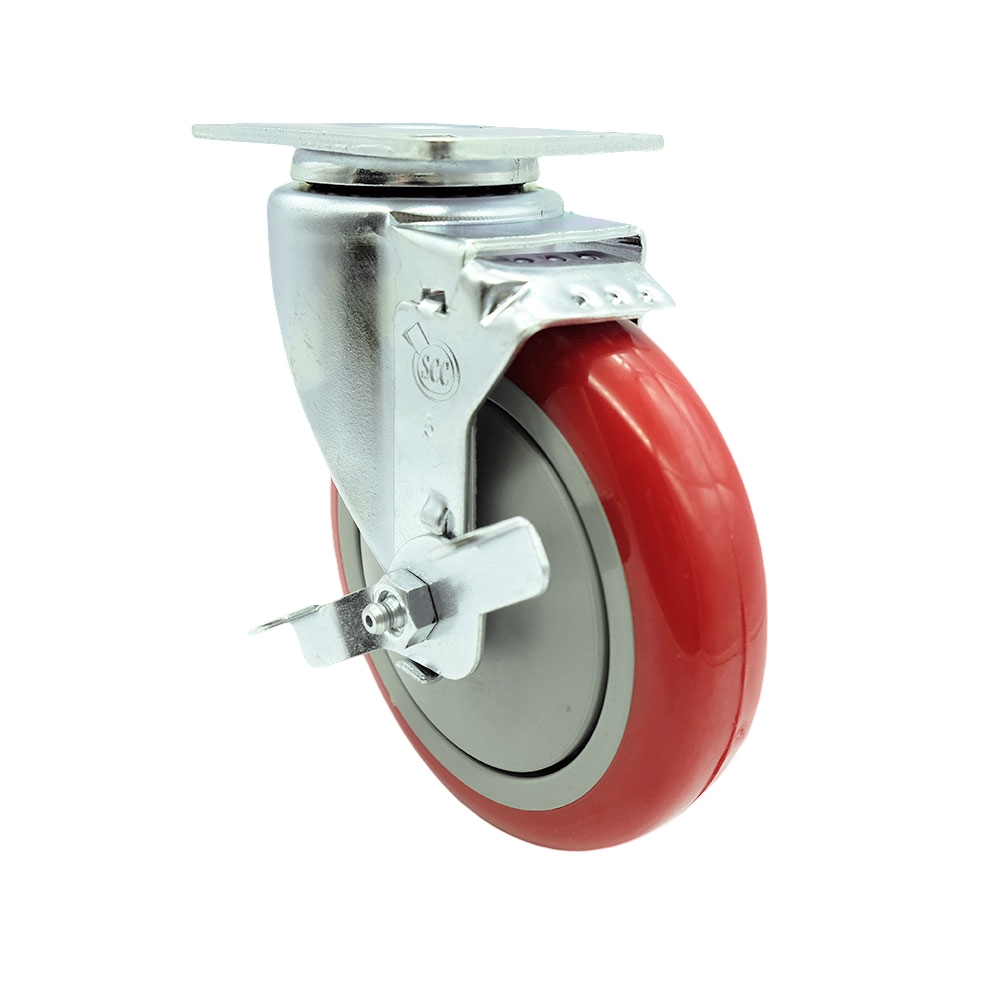 Replacement Caster for Grainger Caster 5UX88 400K68 - Swivel Top Plate Caster with 5 in. Red Polyurethane Wheel & Top Locking Brake