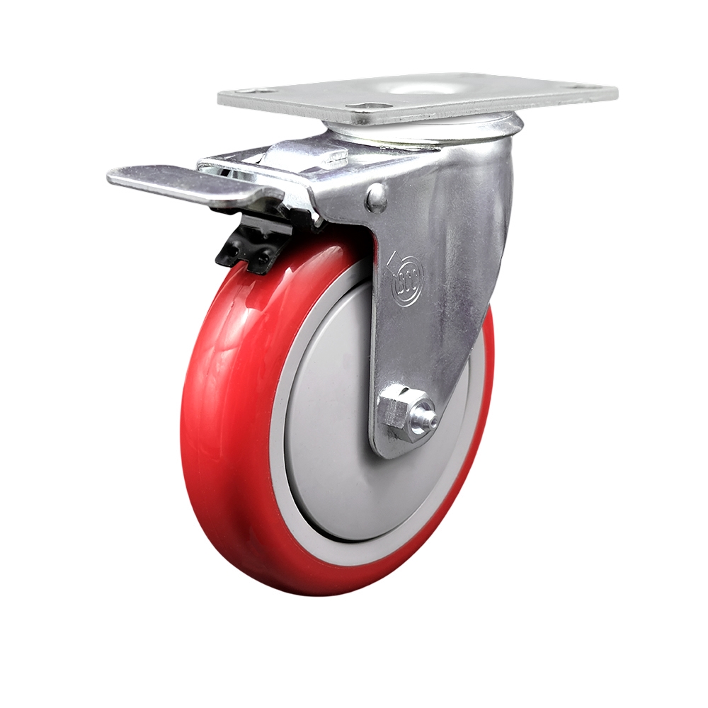 Replacement Caster for Grainger Caster 2G033 - Swivel Top Plate Caster with 5 in. Red Polyurethane Wheel & Total Locking Brake