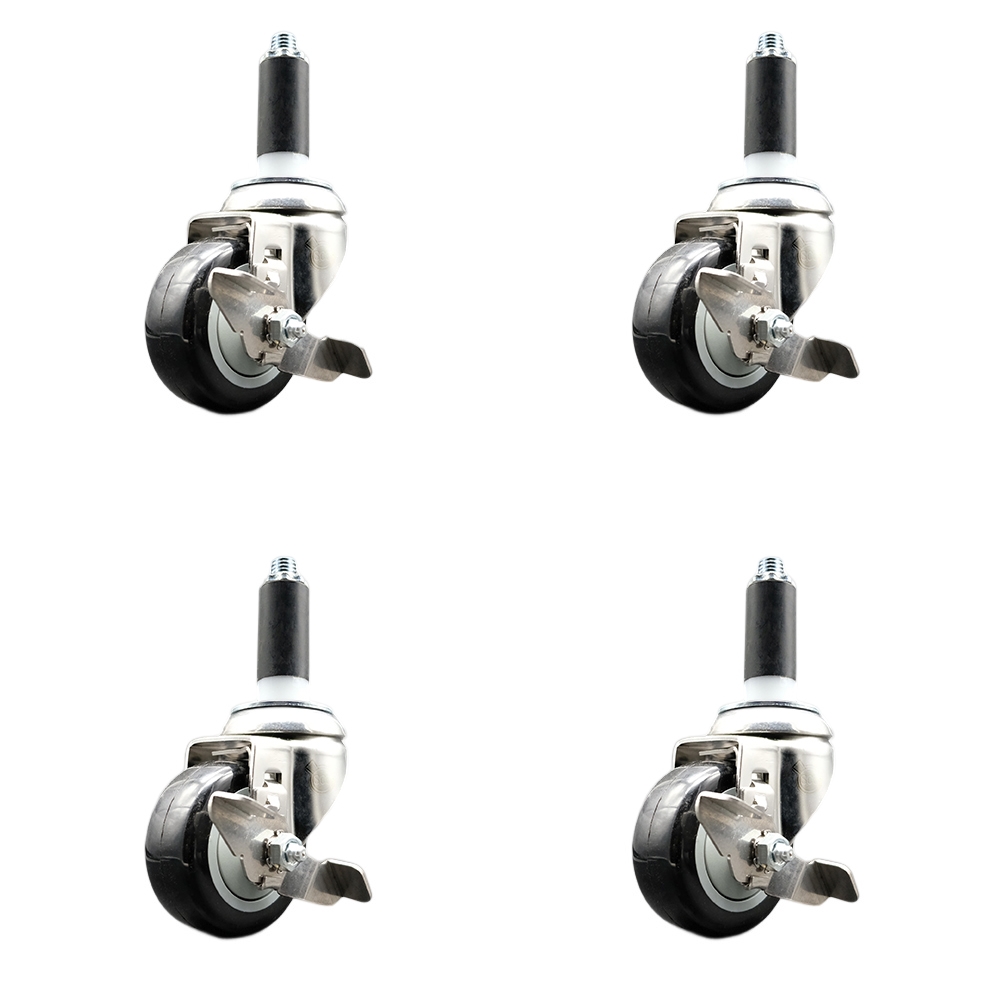Polyurethane Swivel Stem Caster with 3 in. Black Caster Wheels, 1.13 in. Expanding Stems - 316 Stainless Steel Casters - Set of 4
