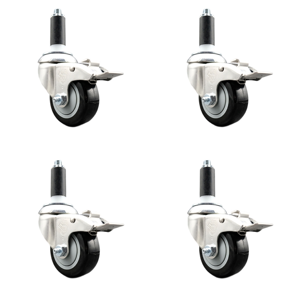 Polyurethane Swivel Stem Caster with 3 in. Black Caster Wheels, 1.13 in. Expanding Stems - 316 Stainless Steel Casters - Set of 4