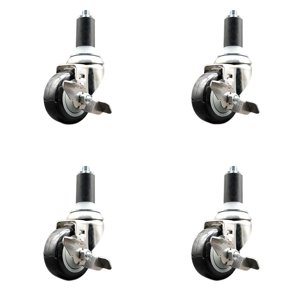 Polyurethane Swivel Stem Caster with 3.5 in. Black Caster Wheels, 1.25 in. Expanding Stems - 316 Stainless Steel Casters - Set of 4