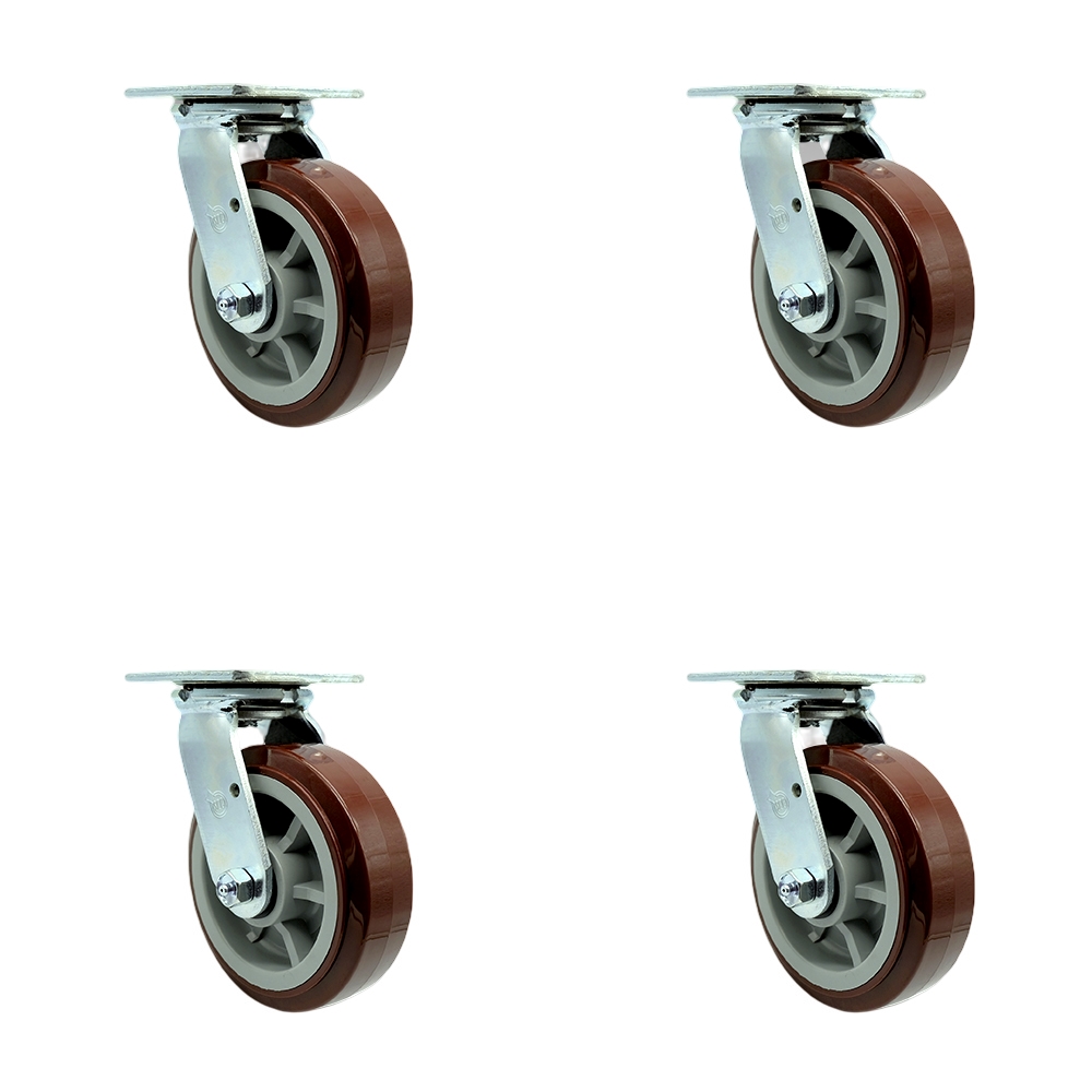 SCC-SS30S620-PPUD-4 Stainless Steel Heavy Duty Swivel Caster with 6 in. Polyurethane Wheels & Delrin Bearings - 3600 lbs Total Capacity - Set of 4