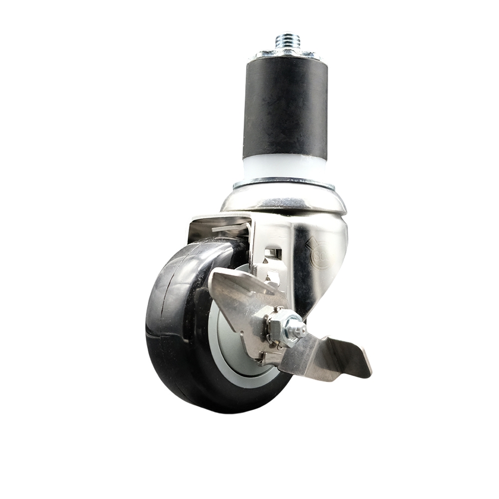 Polyurethane Swivel Stem Caster with 3.5 in. Black Caster Wheels & Top Lock Brake, 1.87 in. Expanding Stem - 316 Stainless Steel Caster