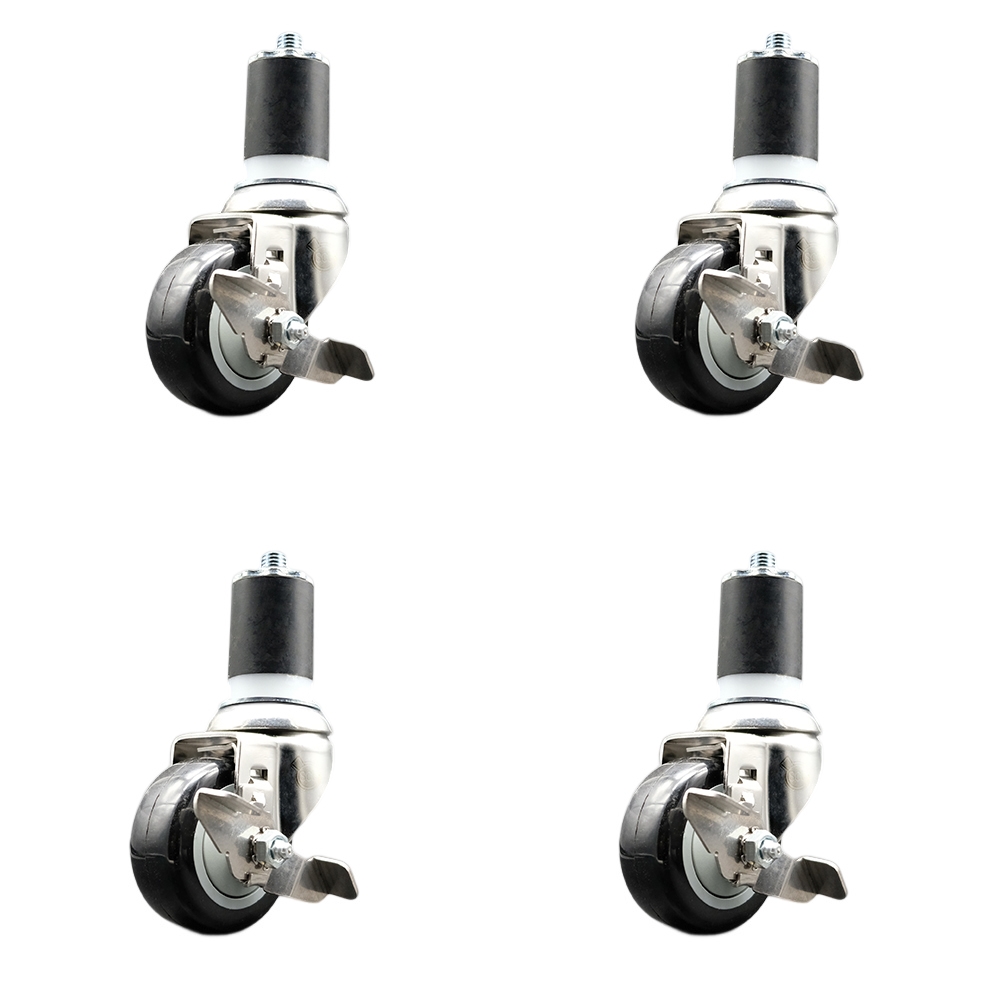 Polyurethane Swivel Stem Caster with 3.5 in. Black Caster Wheels, 1.87 in. Expanding Stems - 316 Stainless Steel Casters - Set of 4