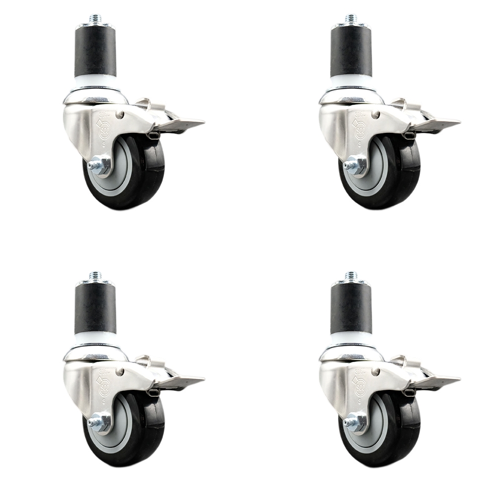 Polyurethane Swivel Stem Caster with 3.5 in. Black Caster Wheels, 1.87 in. Expanding Stems - 316 Stainless Steel Casters - Set of 4