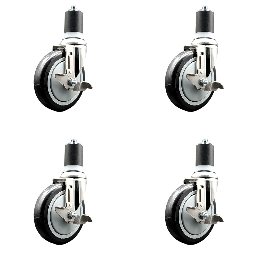 Polyurethane Swivel Stem Caster with 5 in. Black Caster Wheels, 1.87 in. Expanding Stems - 316 Stainless Steel Casters - Set of 4