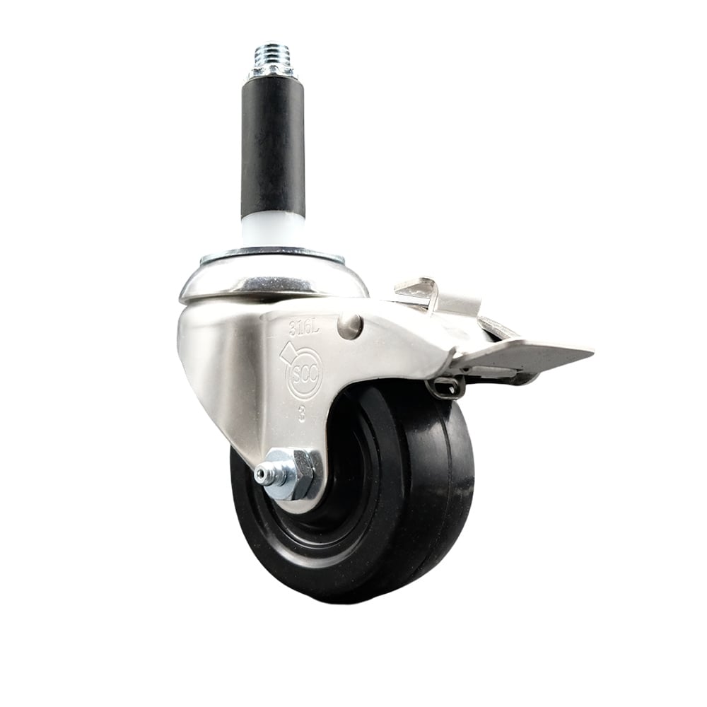 Hard Rubber Swivel Stem Caster with 3 in. Black Caster Wheel & Total Lock Brake, 0.75 in. Expanding Stem - 316 Stainless Steel Casters