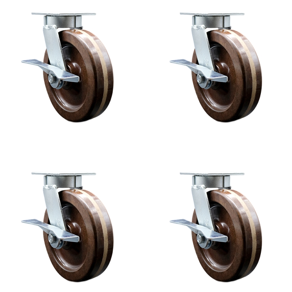 Heavy Duty Kingpinless Swivel Caster with 8 in. High Temperature Phenolic Wheels & Bronze Bearings - 5000 lbs Total Capacity - Set of 4