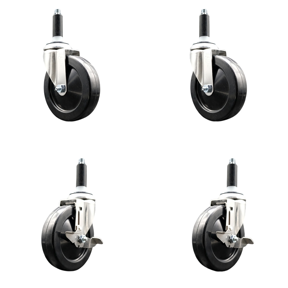 Hard Rubber Swivel Stem Caster with 5 in. Caster Wheels, 0.75 in. Expanding Stems - 316 Stainless Steel Casters - Set of 4