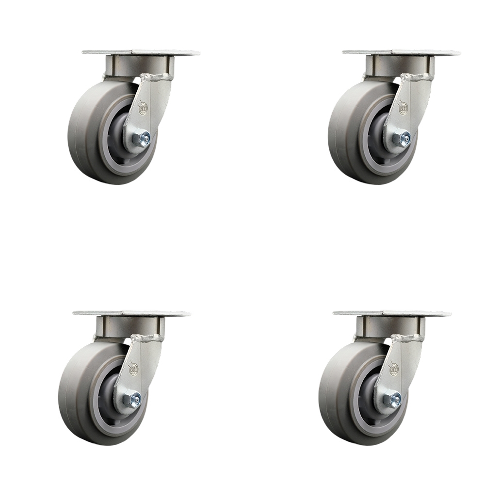 Heavy Duty Kingpinless Swivel Caster with 5 in. Thermoplastic Rubber Flat Tread Wheels & Ball Bearings - 1400 lbs Total Capacity - Set of 4