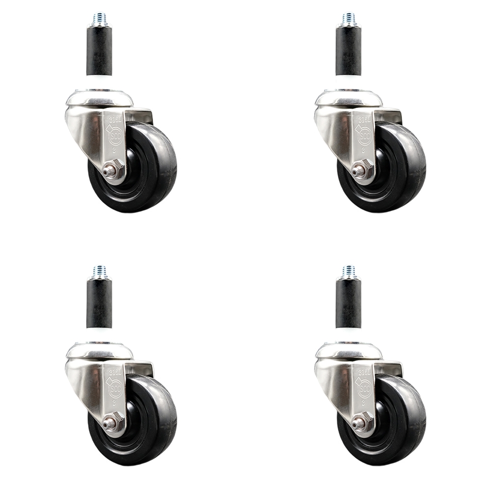 Hard Rubber Swivel Stem Caster with 3.5 in. Black Caster Wheels, 1.13 in. Expanding Stems - 316 Stainless Steel Casters - Set of 4