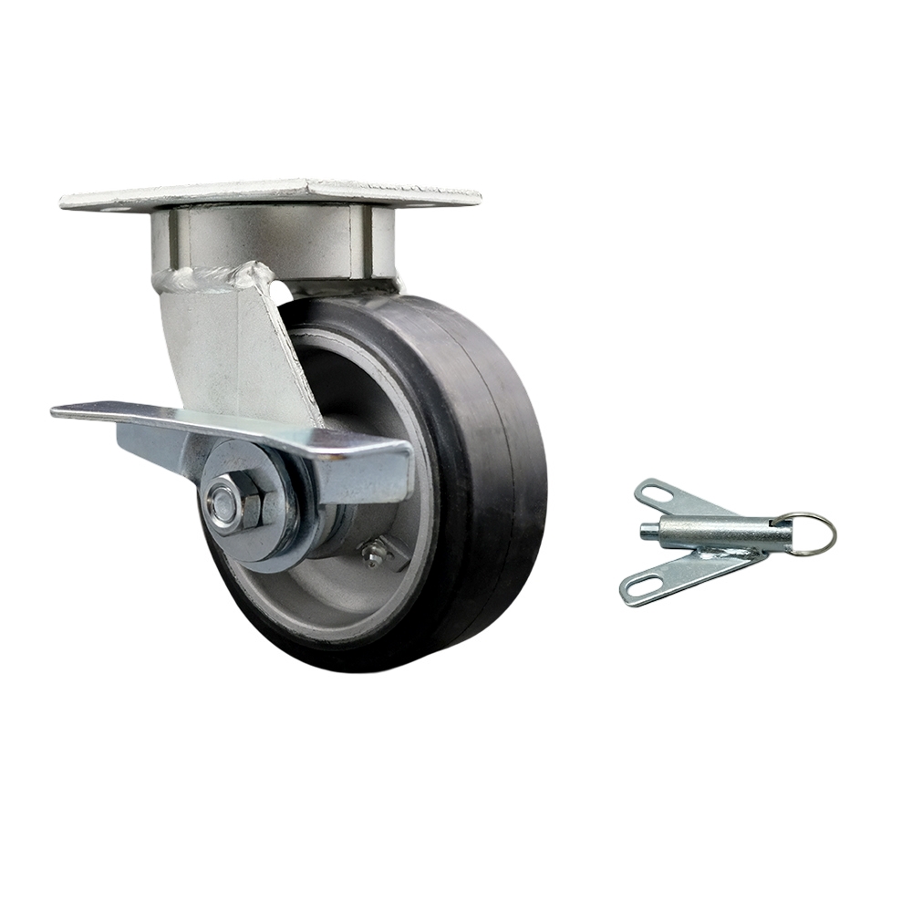 Heavy Duty Kingpinless Swivel Top Plate Caster with Side Lock Brake & Bolt on Swivel Lock & 5 in. Rubber on Aluminum Wheel with Ball Bearings