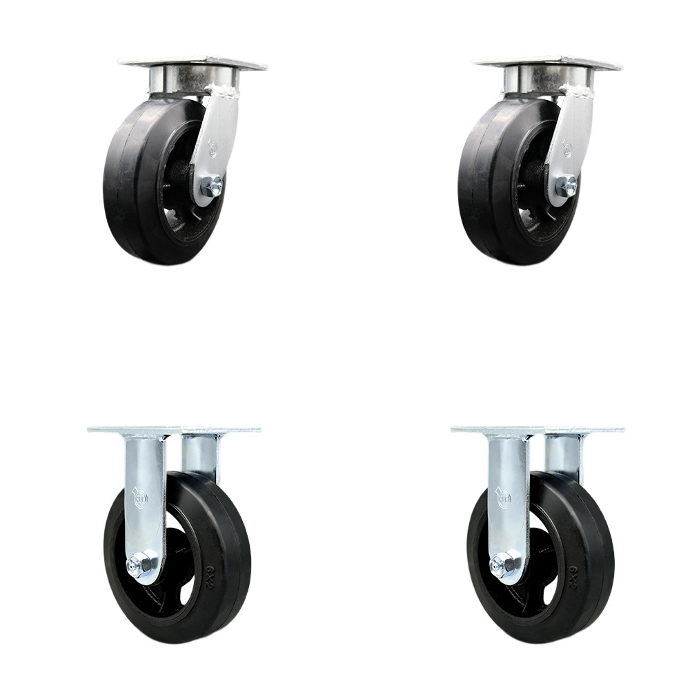 Heavy Duty Kingpinless Swivel Caster with 6 in. Rubber on Cast Iron Wheels & Ball Bearings - 1800 lbs Total Capacity - Set of 4