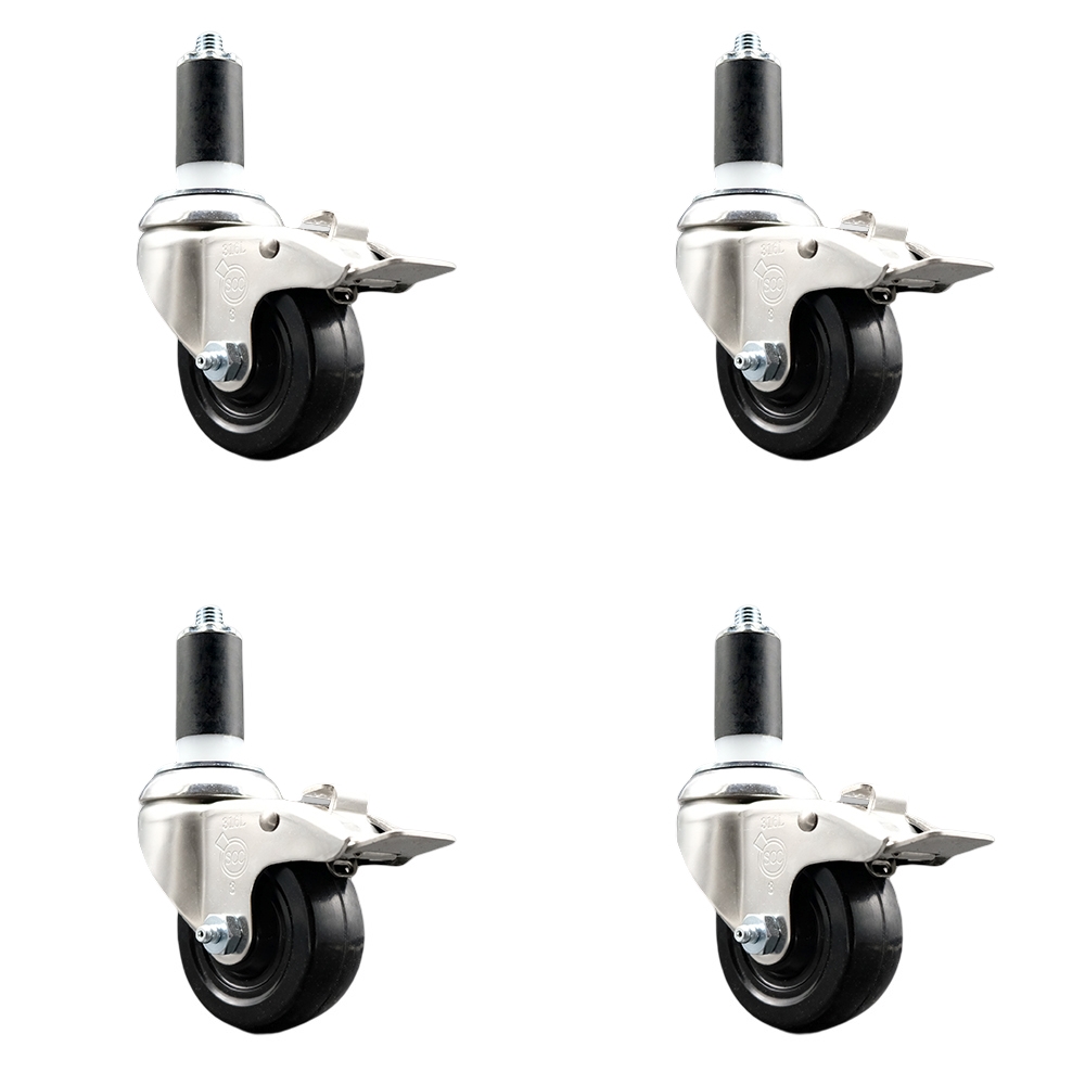 Hard Rubber Swivel Stem Caster with 3.5 in. Caster Wheels, 1.25 in. Expanding Stems - 316 Stainless Steel Casters - Set of 4