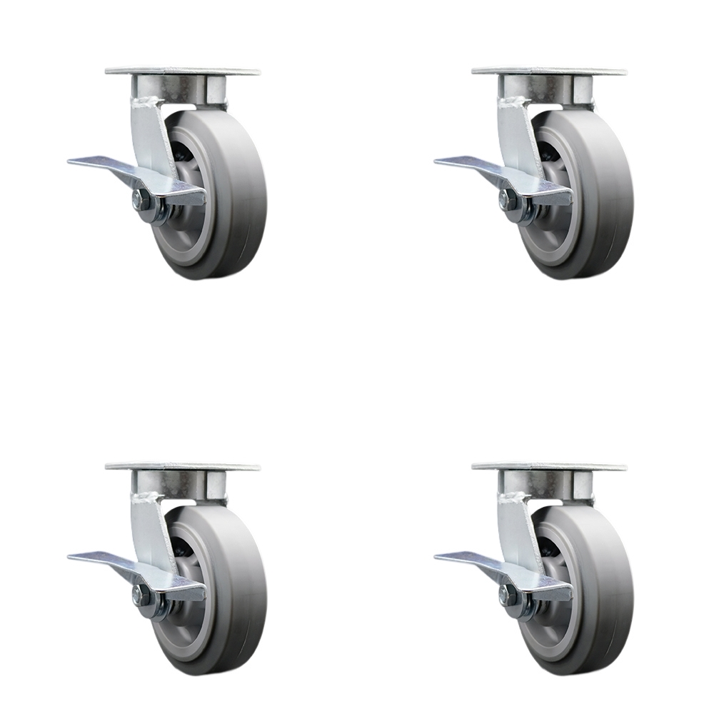 Heavy Duty Kingpinless Swivel Caster with 6 in. Thermoplastic Rubber Flat Tread Wheels & Ball Bearings - 2000 lbs Total Capacity - Set of 4