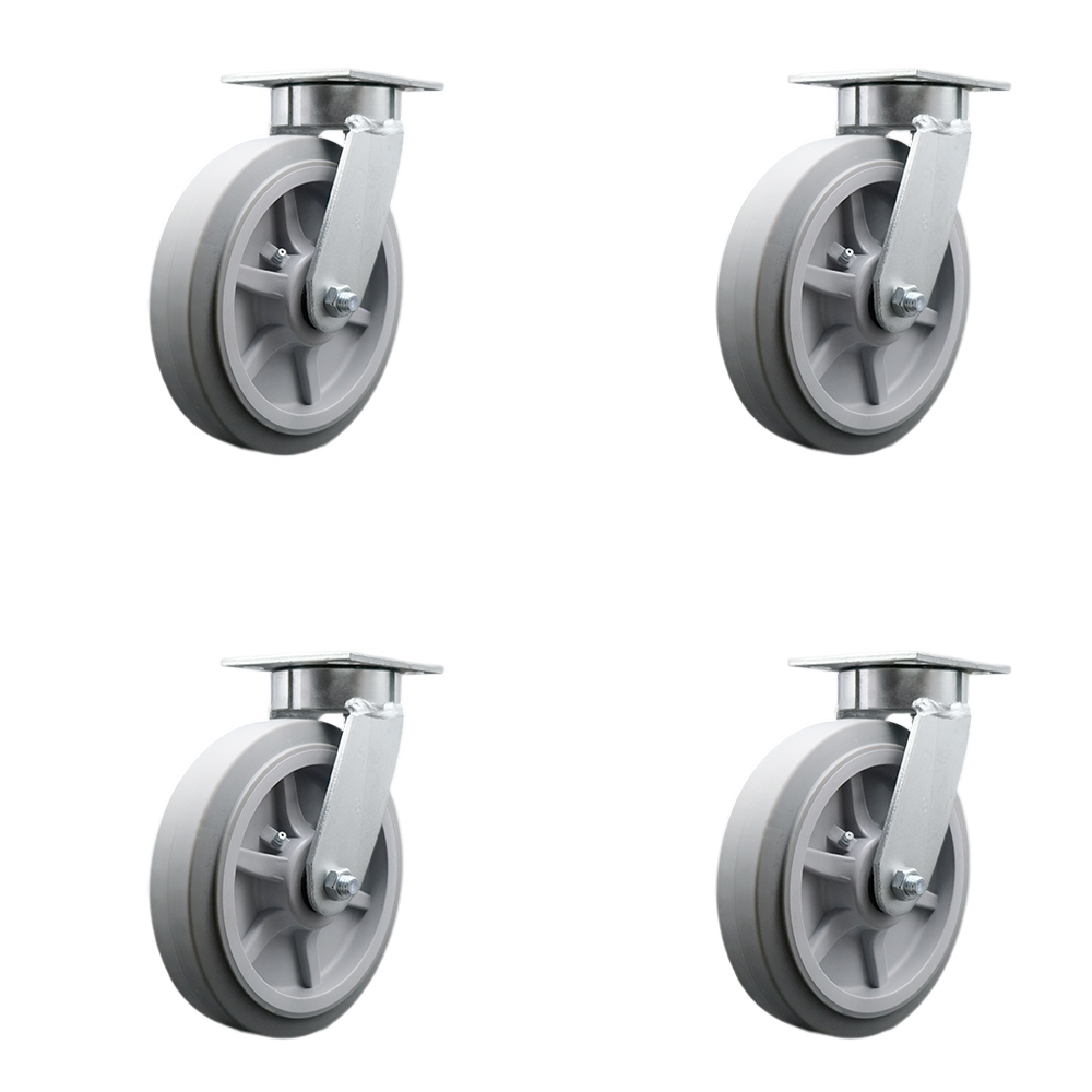 Heavy Duty Kingpinless Swivel Caster with 8 in. Thermoplastic Rubber Flat Tread Wheels & Ball Bearings - 2400 lbs Total Capacity - Set of 4