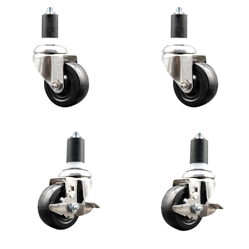 Hard Rubber Swivel Stem Caster with 3 in. Caster Wheels, 1.5 in. Expanding Stems - 316 Stainless Steel Casters - Set of 4