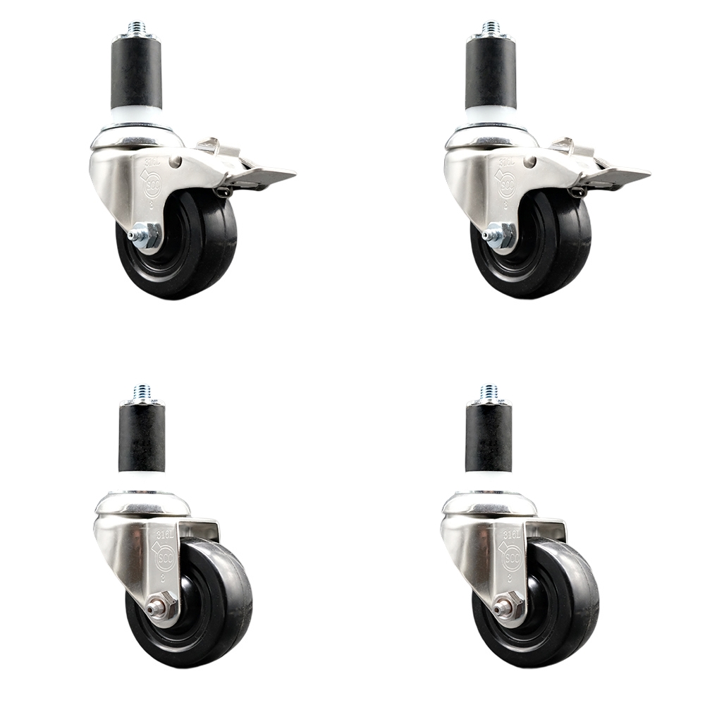 Hard Rubber Swivel Stem Caster with 3 in. Caster Wheels, 1.63 in. Expanding Stem - 316 Stainless Steel Casters - Set of 4