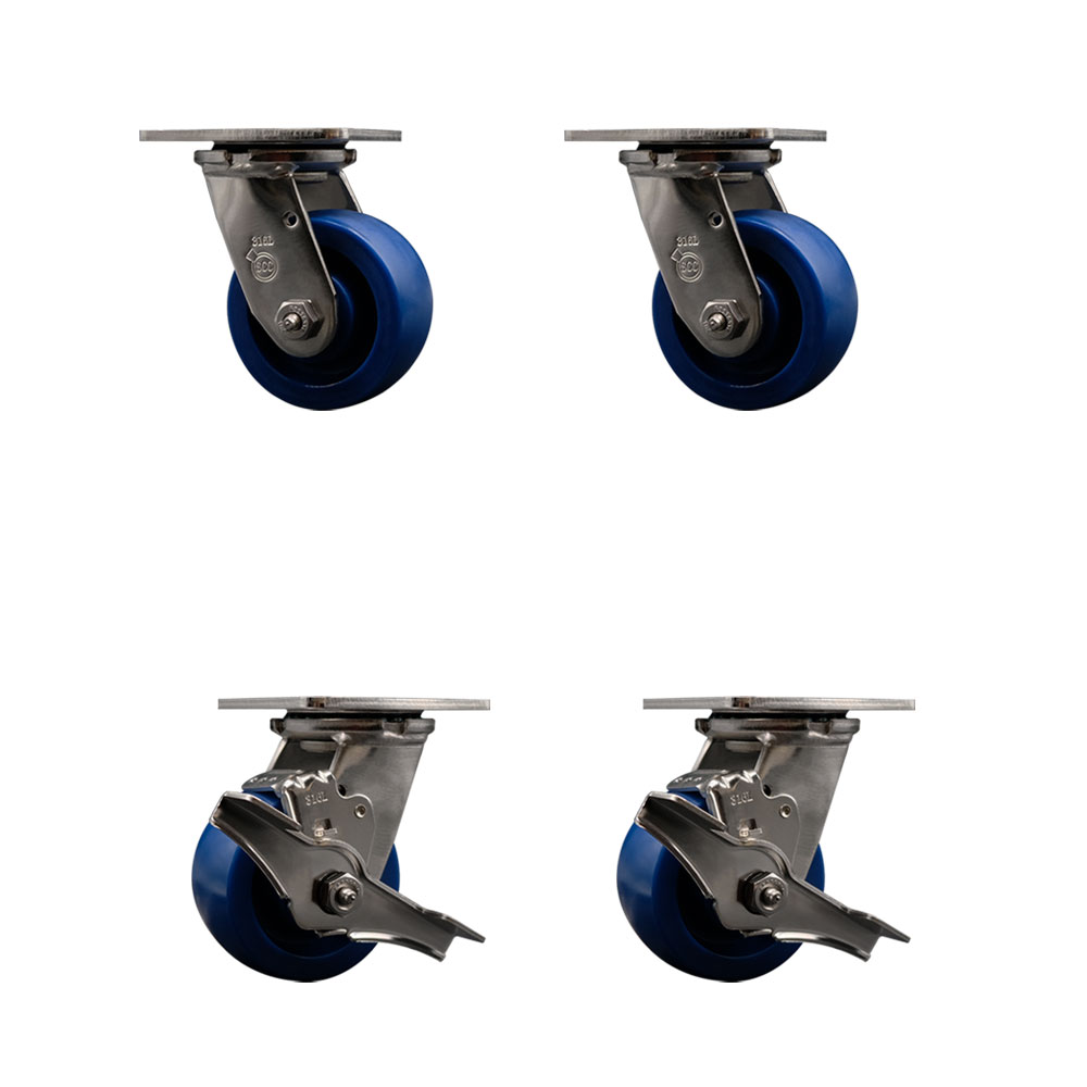 316 Stainless Steel Heavy Duty Swivel Caster with 4 in. Solid Polyurethane Wheels & Delrin Bearings - 2800 lbs Total Capacity - Set of 4