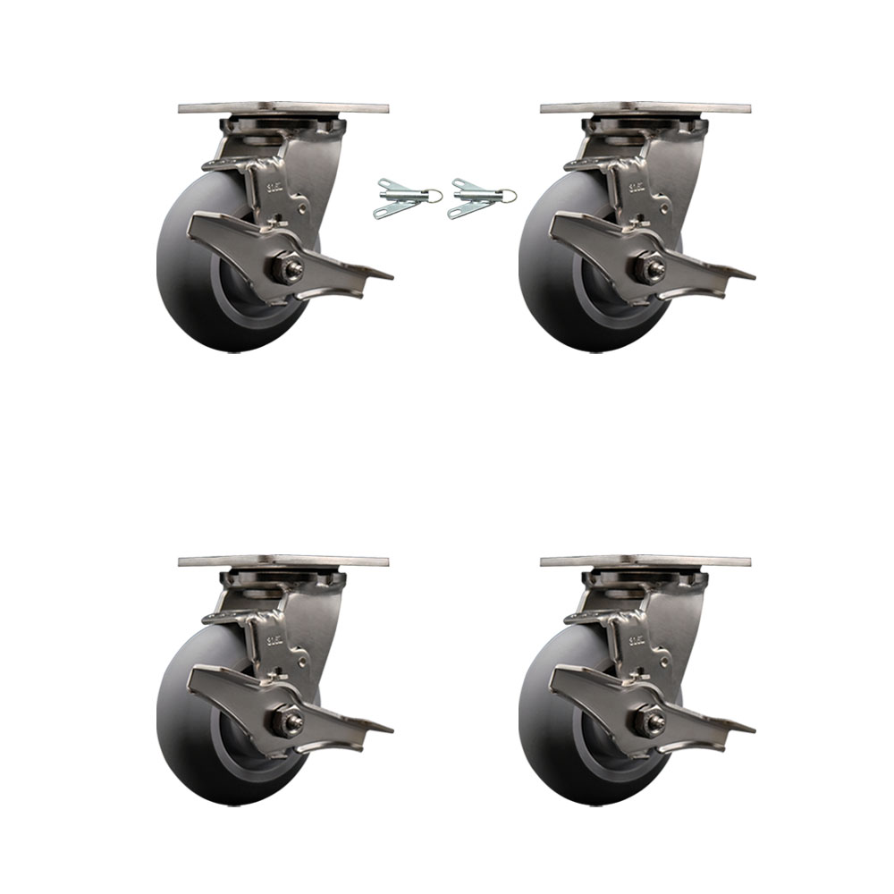 316 Stainless Steel Heavy Duty Swivel Caster Set with 5 in. Thermoplastic Rubber Donut Tread Wheels & Ball Bearing