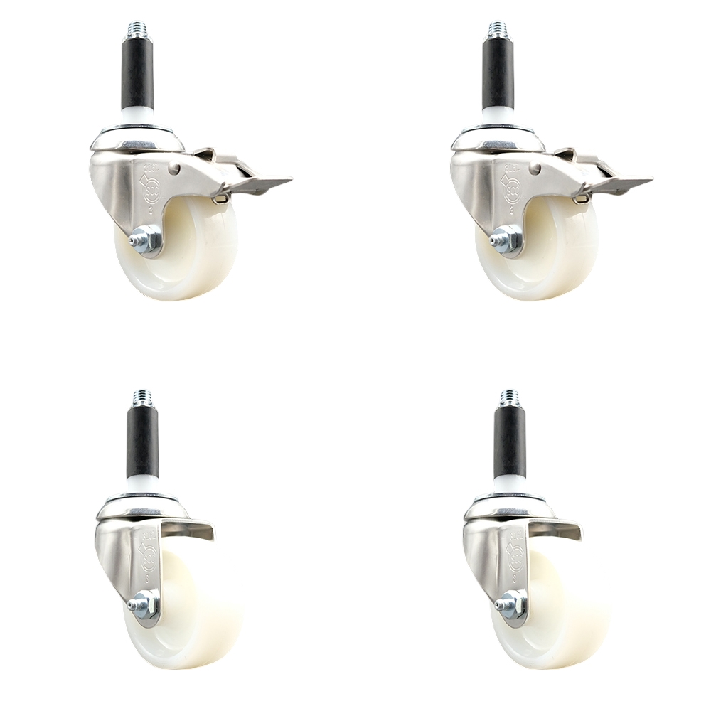 Nylon Swivel Stem Caster with 3 in. Caster Wheels, 0.75 in. Expanding Stem - 316 Stainless Steel Casters - Set of 4