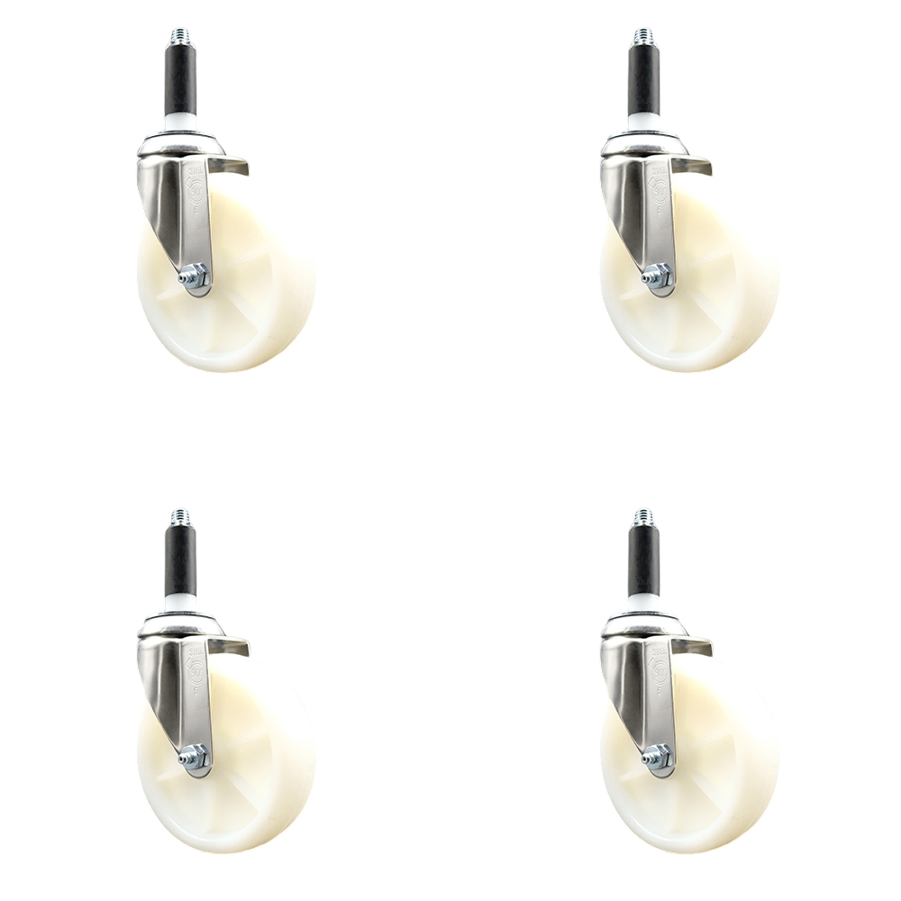 Nylon Swivel Stem Caster with 5 in. White Caster Wheels, 0.87 in. Expanding Stems - 316 Stainless Steel Casters - Set of 4