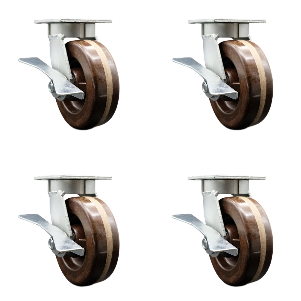 Heavy Duty Kingpinless Swivel Caster with 6 in. High Temperature Phenolic Wheels & Bronze Bearings - 4800 lbs Total Capacity - Set of 4