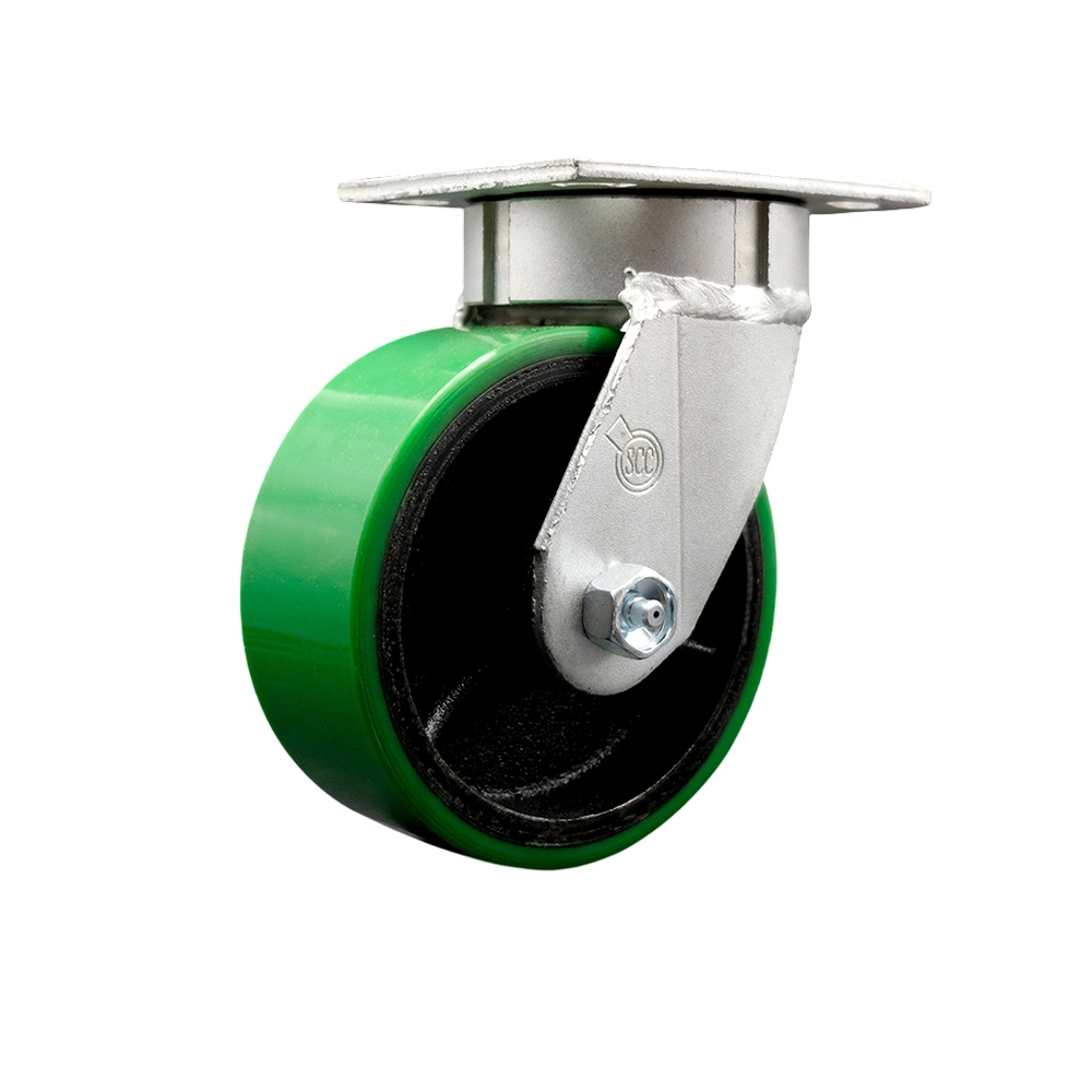 Heavy Duty Kingpinless Swivel Top Plate Caster with 5 in. Green Polyurethane on Cast Iron Wheel & Ball Bearings - 1000 lbs Capacity per Caster