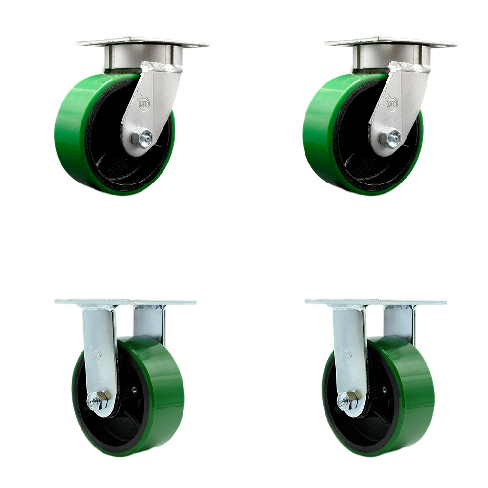 Heavy Duty Kingpinless Swivel Caster with 5 in. Green Polyurethane on Cast Iron Wheels & Ball Bearings - 4000 lbs Total Capacity - Set of 4