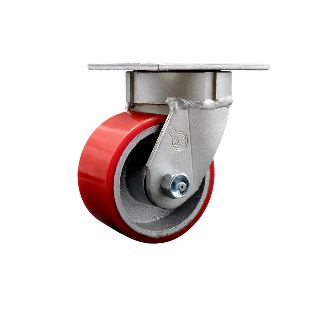 Heavy Duty Kingpinless Swivel Top Plate Caster with 4 in. Red Polyurethane on Cast Iron Wheel & Ball Bearings - 700 lbs Capacity per Caster