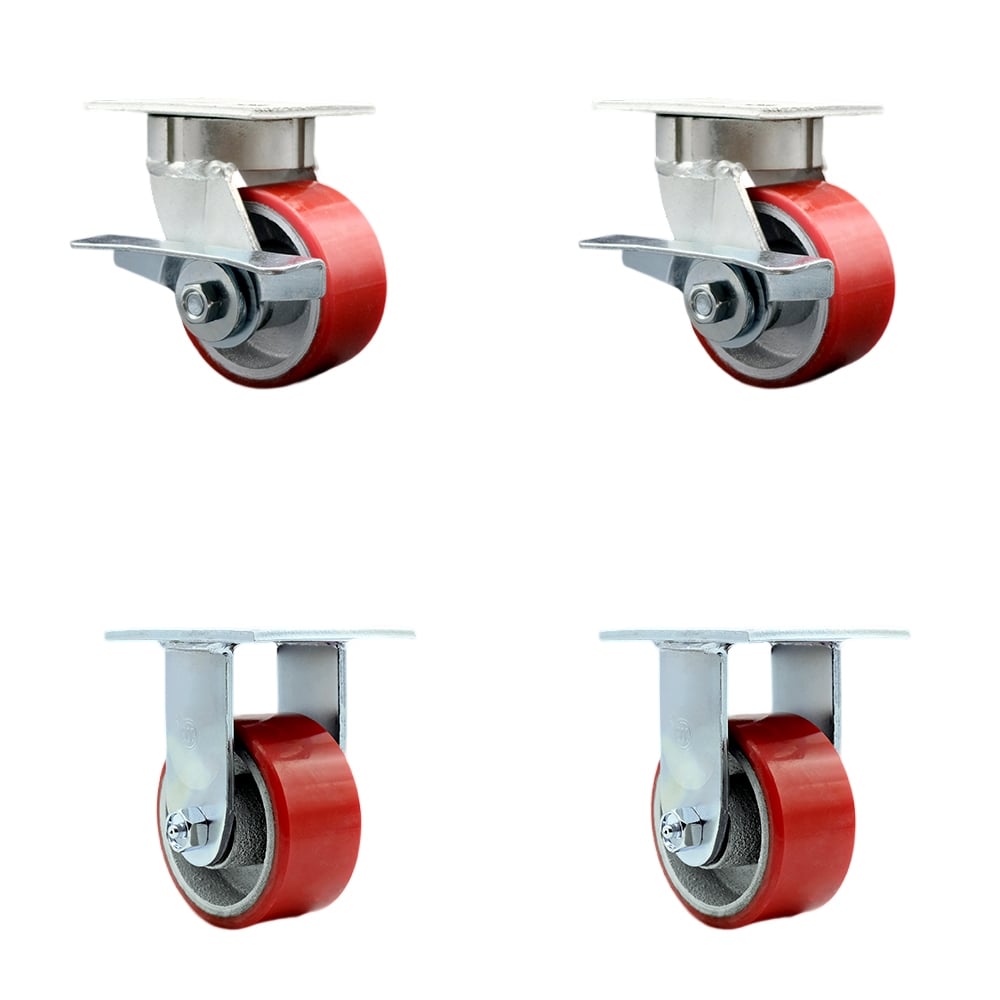 Heavy Duty Kingpinless Swivel Caster with 4 in. Red Poly on Cast Iron Wheels & Ball Bearings - 2800 lbs Total Capacity - Set of 4