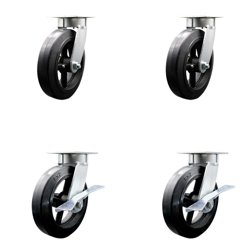 Heavy Duty Kingpinless Swivel Caster with 8 in. Rubber on Cast Iron Wheels & Ball Bearings - 2000 lbs Total Capacity - Set of 4