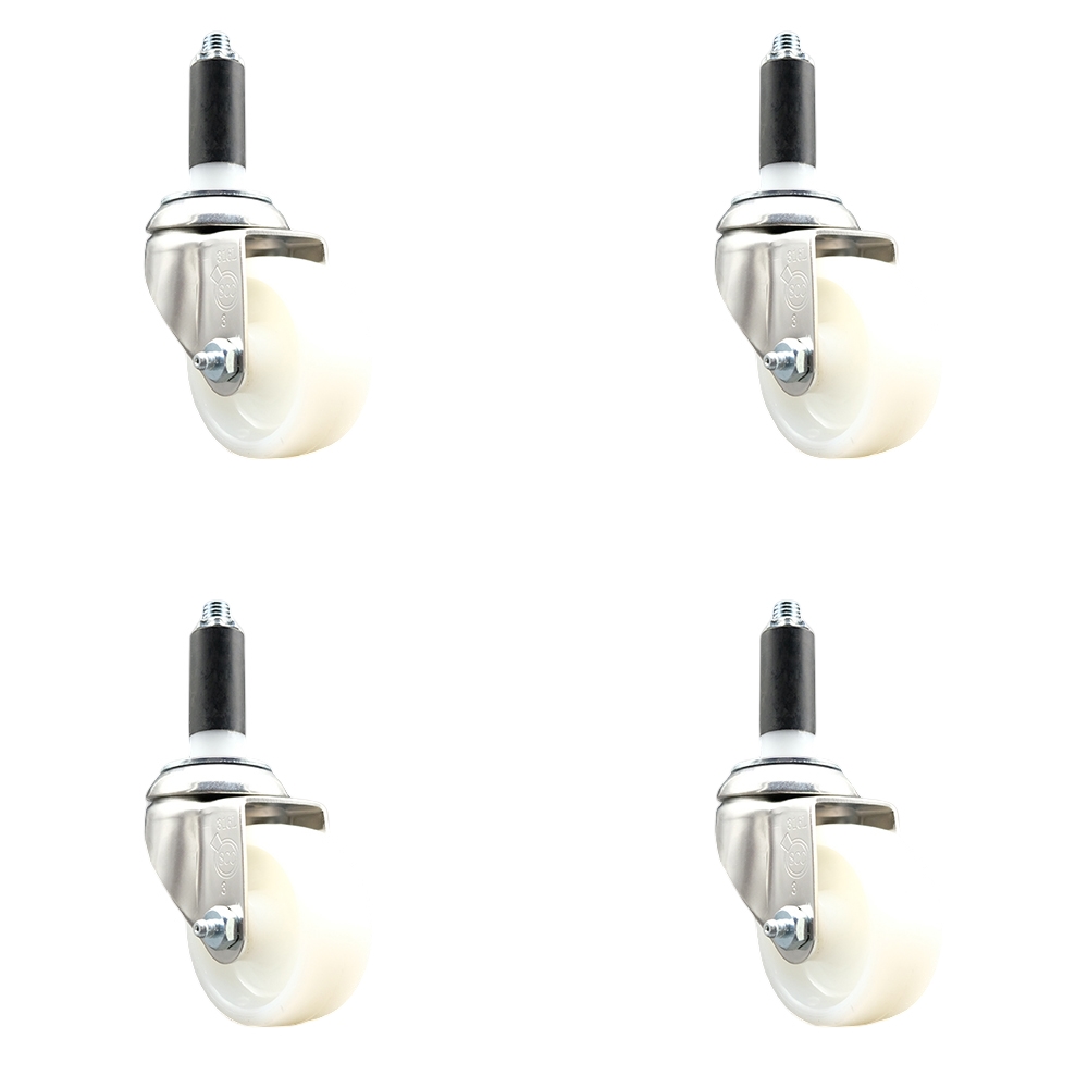 Nylon Swivel Stem Caster with 3 in. White Caster Wheels, 1.13 in. Expanding Stems - 316 Stainless Steel Casters - Set of 4