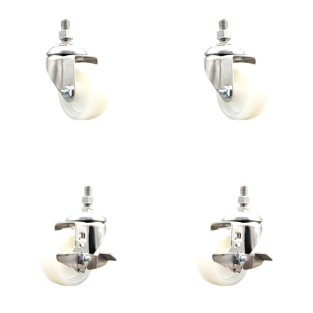 Nylon Swivel Stem Caster with 3 in. Caster Wheels, 12 mm Threaded Stems - 316 Stainless Steel Casters - Set of 4