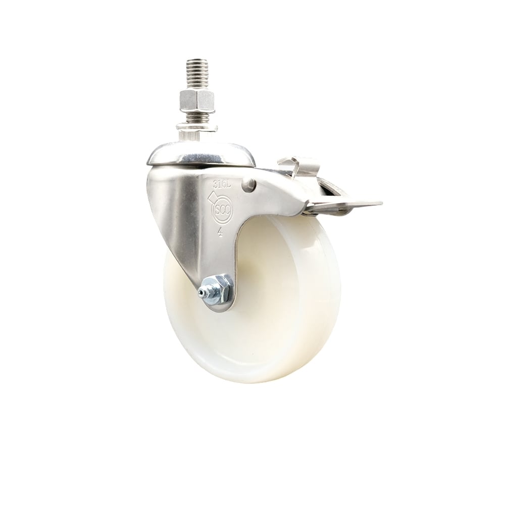 Nylon Swivel Stem Caster with 4 in. White Caster Wheel & Total Lock Brake, 12 mm Threaded Stem - 316 Stainless Steel Caster